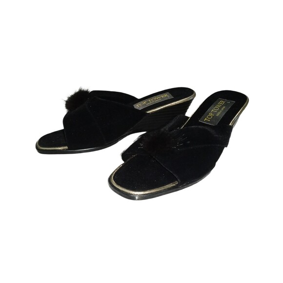 Shoes | Vintage Womens Boudoir Slippers Black Velvet Gold Feathers ...